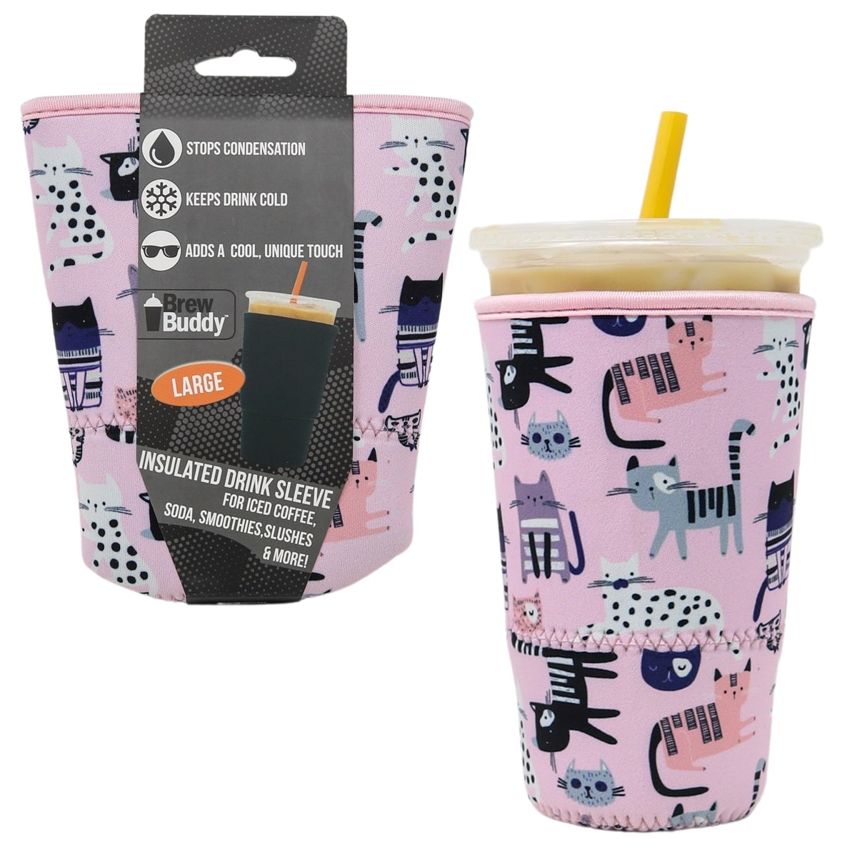 Insulated Iced Coffee & Drink Sleeve - Pretty Kitties - Brew Buddy Neoprene  – shopbrewbuddy